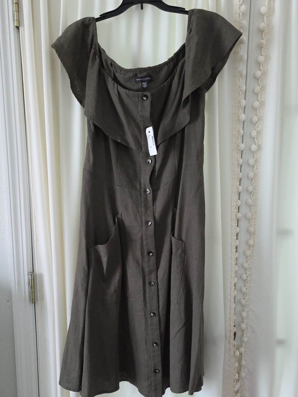 Saks Fifth Avenue Olive Green Button-Front Midi Dress with Ruffle Collar